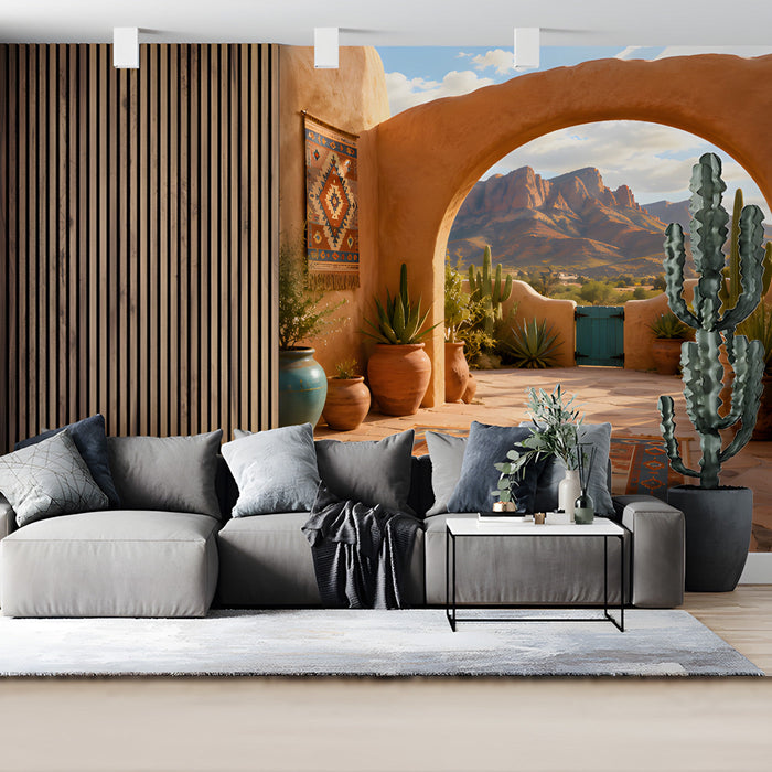 A commercial space featuring the warm adobe desert mural for a welcoming atmosphere.