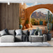 A commercial space featuring the warm adobe desert mural for a welcoming atmosphere.