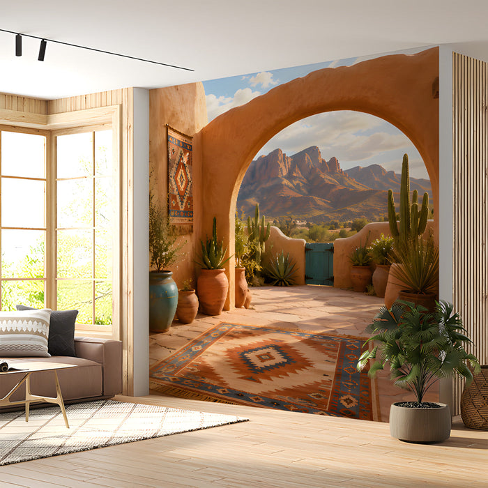 A living room featuring the desert mural on a feature wall with leather furniture.