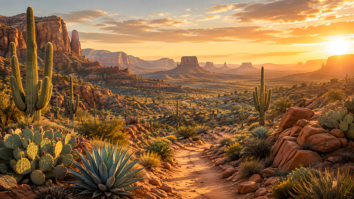 A wide-angle landscape mural featuring a desert valley at sunset with saguaro cacti, rocky mesas, and golden light.