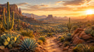 A wide-angle landscape mural featuring a desert valley at sunset with saguaro cacti, rocky mesas, and golden light.