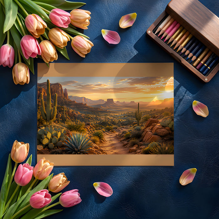 A sunlit dining room showing a desert landscape mural on the accent wall paired with natural wood furniture.