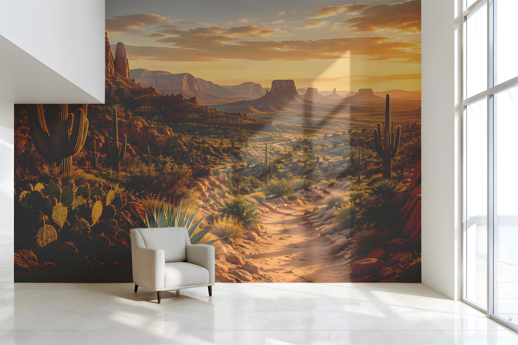 A cozy study featuring the desert sunset wallpaper mural behind a low-profile sofa with leather accents.