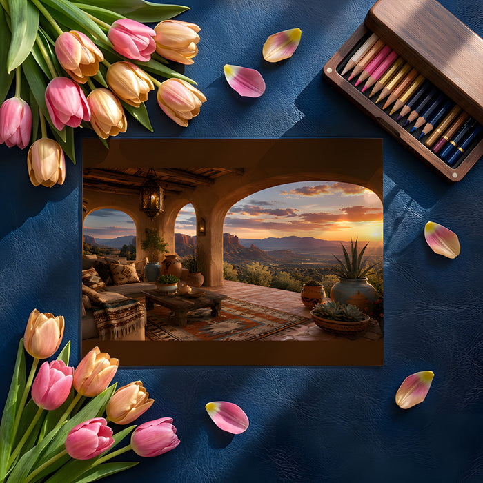 A dining room wall mural depicting a desert mountain landscape at sunset, styled with modern farmhouse decor.