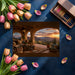 A dining room wall mural depicting a desert mountain landscape at sunset, styled with modern farmhouse decor.