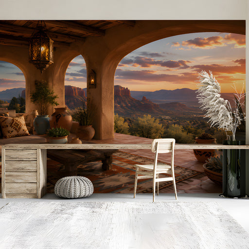 A study space featuring a serene desert mountain landscape wall mural to create a calm and inspiring workspace.