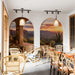 A cozy bar featuring the desert sunset wallpaper mural, paired with a terracotta rug and wooden furniture.