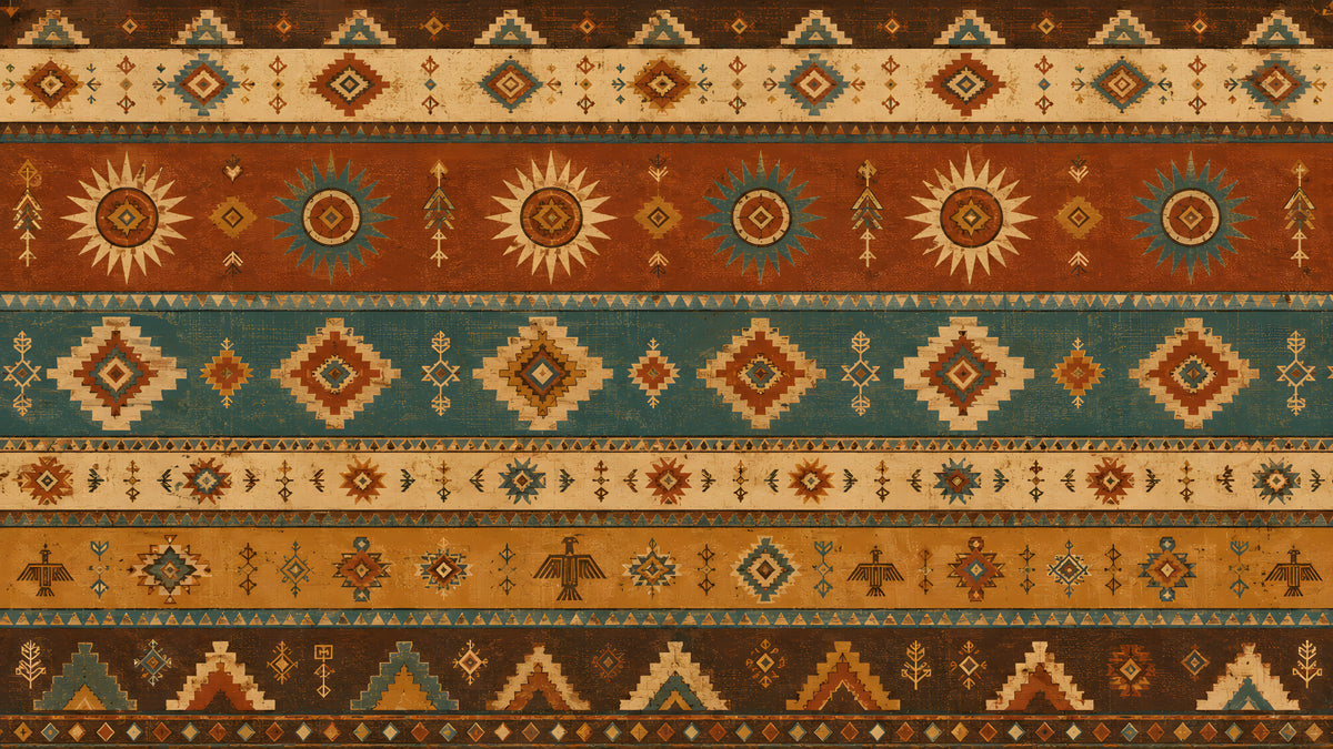 A horizontal striped wallpaper pattern with Southwestern kilim motifs in terracotta, indigo, and ochre.