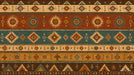 A horizontal striped wallpaper pattern with Southwestern kilim motifs in terracotta, indigo, and ochre.