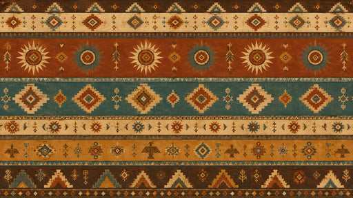 A horizontal striped wallpaper pattern with Southwestern kilim motifs in terracotta, indigo, and ochre.