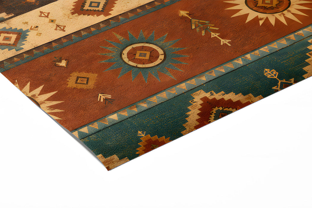 A rustic home office space with an earthy kilim pattern mural on the main feature wall.