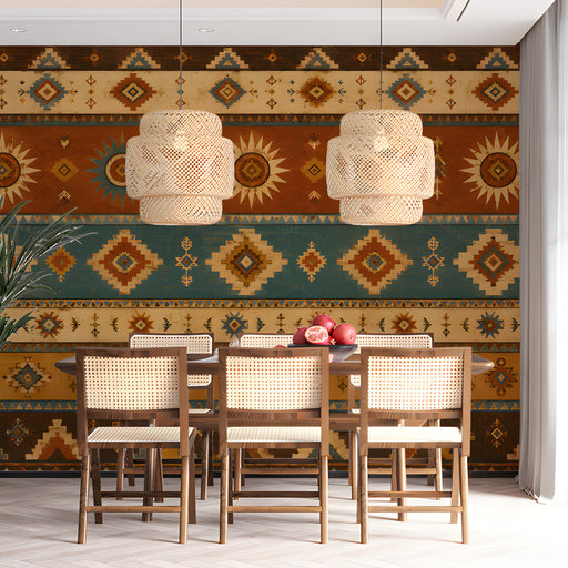 A dining room wall decorated with a vibrant Southwestern textile-inspired geometric wallpaper.