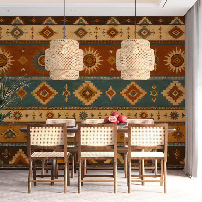 A dining room wall decorated with a vibrant Southwestern textile-inspired geometric wallpaper.