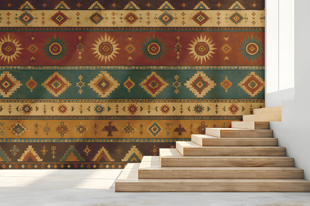 A cozy living room featuring a geometric Southwestern wall mural behind a brown leather sofa.