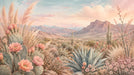 A scenic desert mural featuring prickly pear cactus with pink flowers, agave plants, pampas grass, and hazy mountains at sunset.