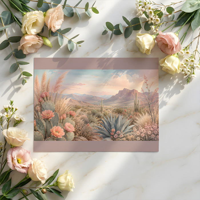 Bedroom wall mural showing a painterly desert landscape with cacti and wildflowers in a soothing pastel color palette.