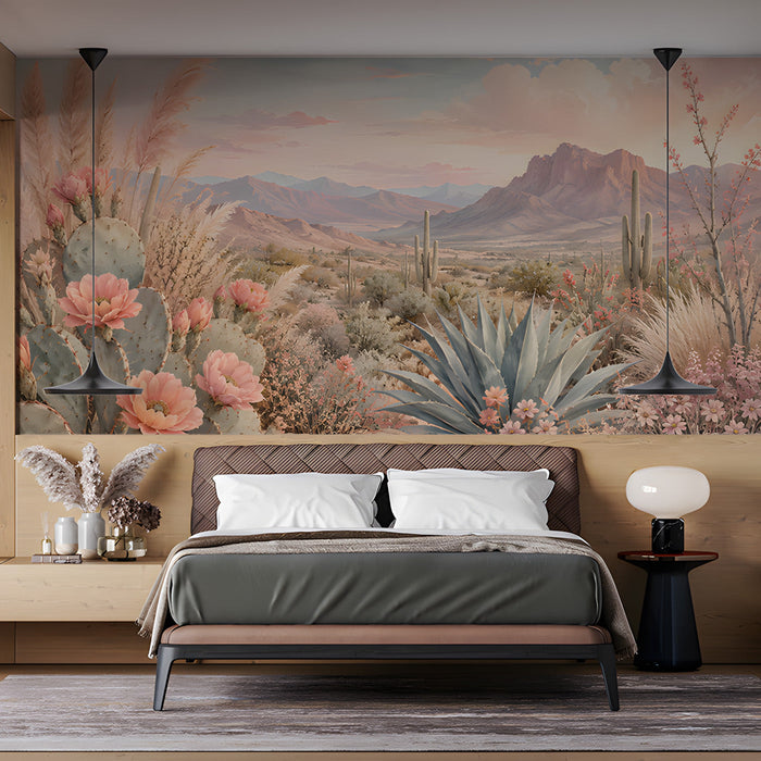 A bedroom space decorated with a desert horizon wallpaper mural, creating a relaxing and creative work environment.