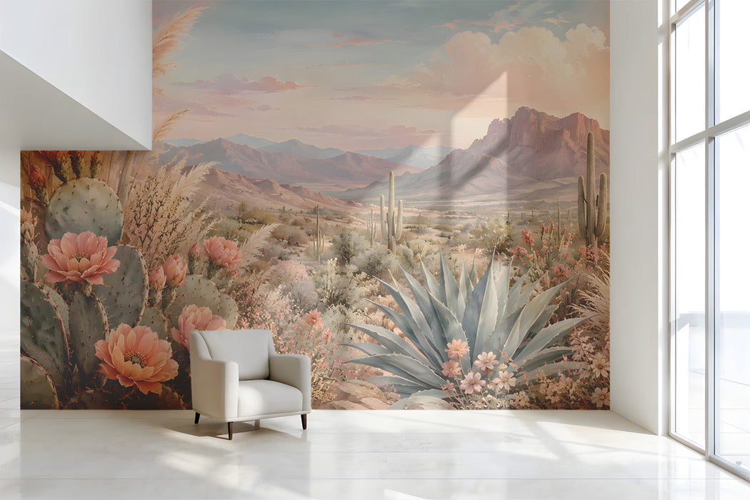 Hallway interior featuring a soft desert sunset wall mural behind a neutral beige linen sofa and wooden accents.