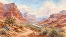 A watercolor painting of a red rock canyon with a river winding through the center under a soft blue sky.