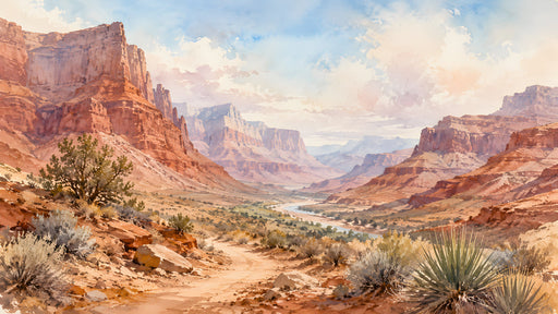 A watercolor painting of a red rock canyon with a river winding through the center under a soft blue sky.