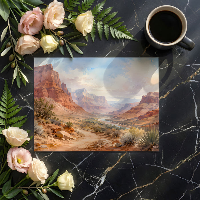 A serene home office with an expansive canyon river mural creating a calm, inspiring backdrop.