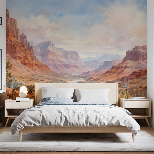 A bedroom designed with a Southwestern desert theme and a large-scale canyon landscape wall mural.