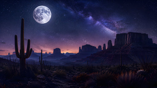 Full moon hanging over a dark desert landscape with saguaro cacti and mesas under a starry night sky