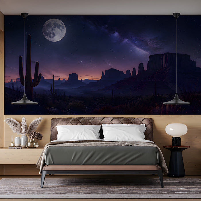 Cosmic desert night scene mural installed in a bedroom or study with soft accent lighting