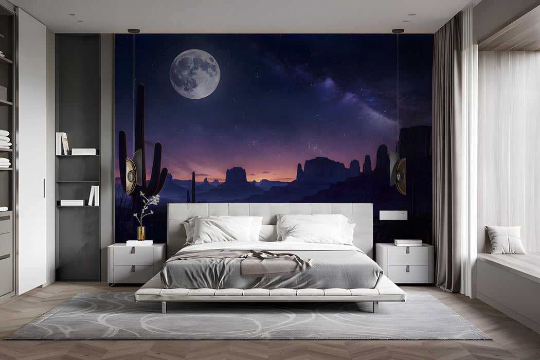 Desert night landscape mural installed as a feature wall behind a velvet bed in a primary bedroom