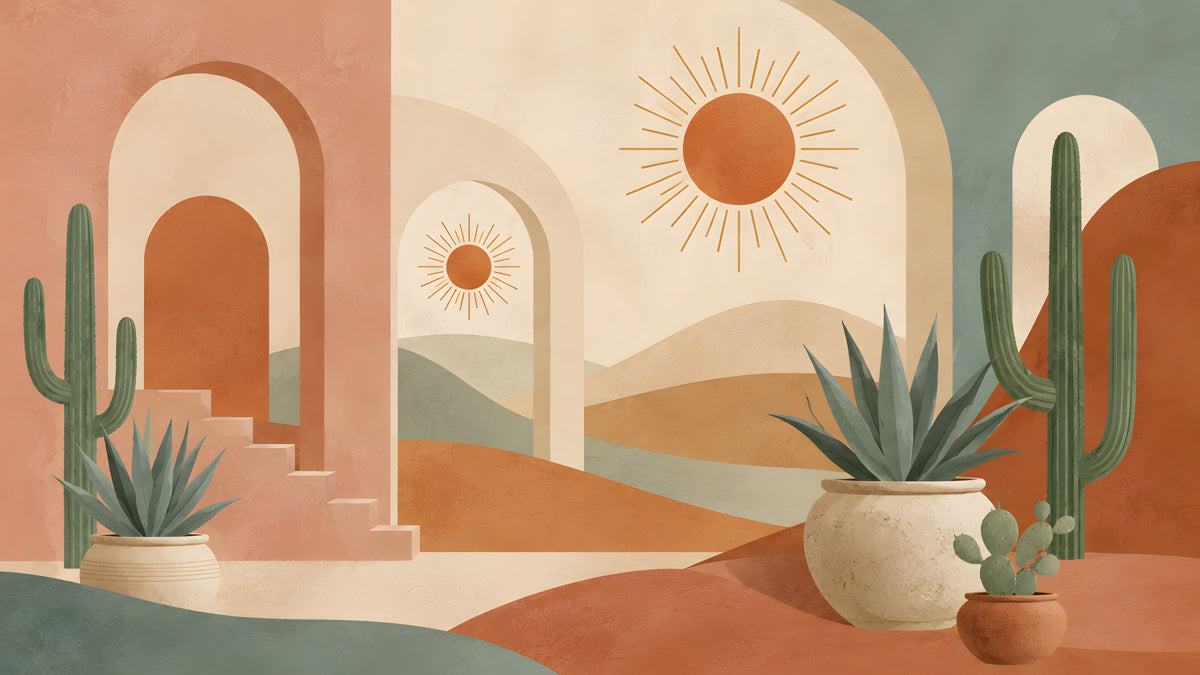 A desert-themed wall mural featuring terracotta arches, sage green cacti, and minimalist sun motifs in a watercolor style.