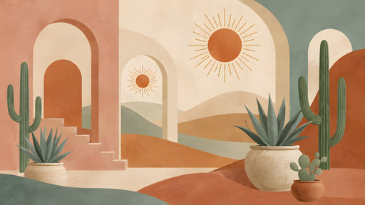 A desert-themed wall mural featuring terracotta arches, sage green cacti, and minimalist sun motifs in a watercolor style.
