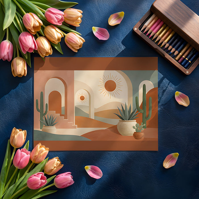A bright, inspiring home office space featuring a desert landscape wall mural.