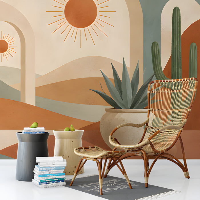 A modern study featuring a desert archway mural behind a velvet sofa and rattan accents.