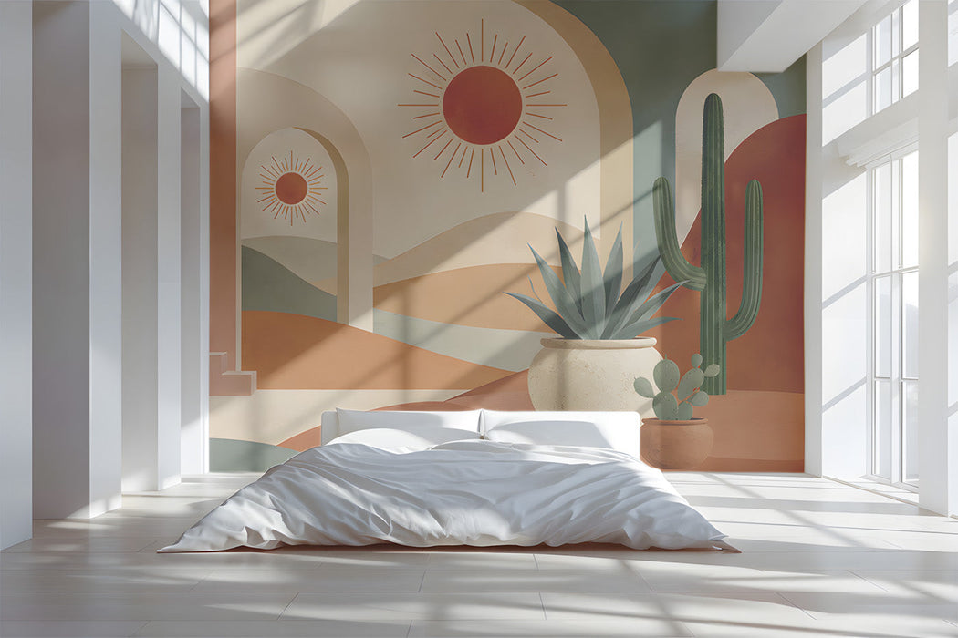 A cozy bohemian bedroom with a sun-drenched desert mural wall and linen bedding.