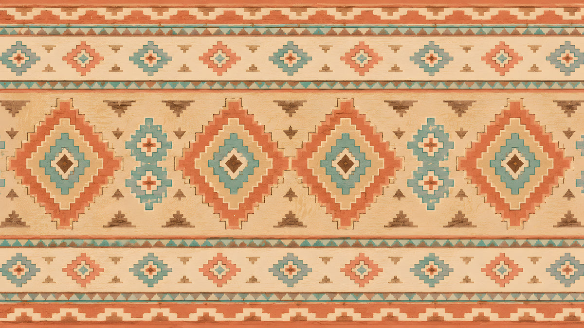 Southwestern geometric mural wallpaper with terracotta, teal, and brown diamonds on a cream background
