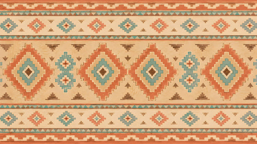 Southwestern geometric mural wallpaper with terracotta, teal, and brown diamonds on a cream background