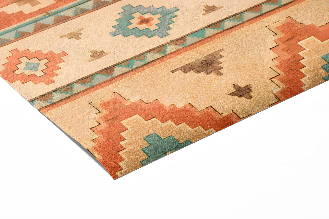 Cozy bedroom interior featuring a terracotta and teal geometric pattern wall