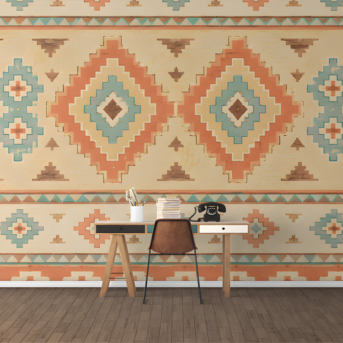 Eclectic home office with a tribal-inspired geometric wallpaper and wood desk