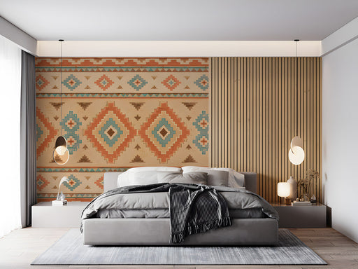 Modern bedroom with a Southwestern geometric wallpaper feature wall and leather sofa