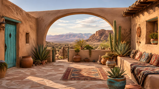 A desert landscape wall mural featuring a sun-drenched adobe courtyard with an archway view of mountains and saguaro cacti.
