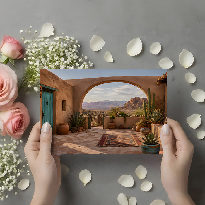A dining room space styled with the desert landscape mural and natural wood furniture accents.