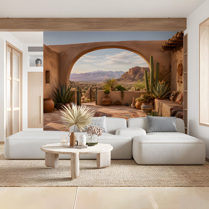 A sunroom sanctuary featuring the adobe archway wallpaper paired with lush potted succulents and terracotta pots.