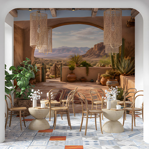 A cafe featuring the desert adobe mural as a backdrop for a neutral linen sofa and woven decor.