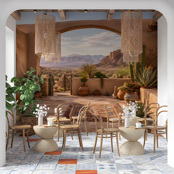 A cafe featuring the desert adobe mural as a backdrop for a neutral linen sofa and woven decor.