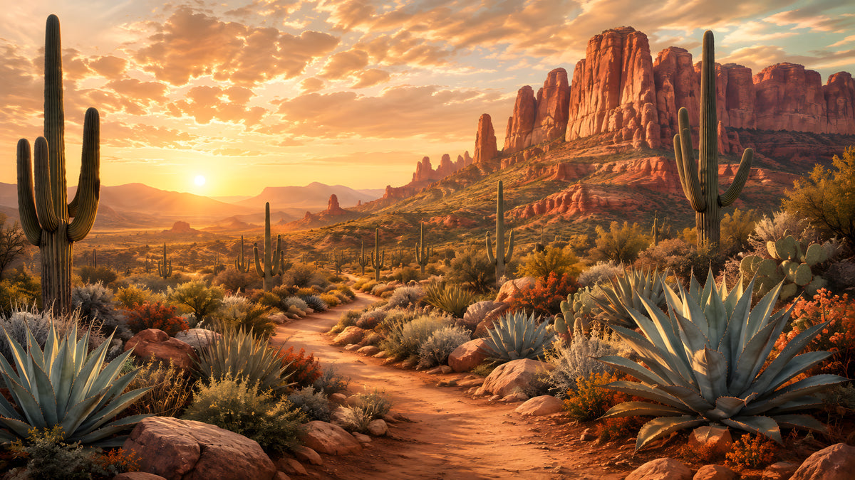 Arizona desert landscape mural with saguaros, red rocks, and a golden sunset
