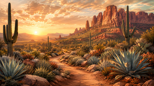 Arizona desert landscape mural with saguaros, red rocks, and a golden sunset