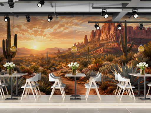 Desert sunset wall mural installed in a cozy restaurant with rustic wood furniture