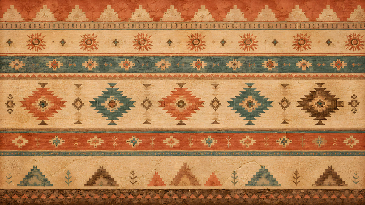Southwestern geometric mural wallpaper featuring terracotta, teal, and chocolate brown bands with a plaster texture
