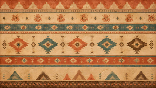Southwestern geometric mural wallpaper featuring terracotta, teal, and chocolate brown bands with a plaster texture