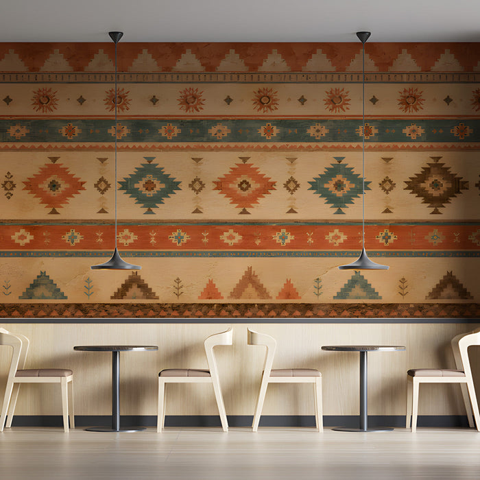 A vibrant dining room featuring a southwestern style geometric feature wall with warm lighting